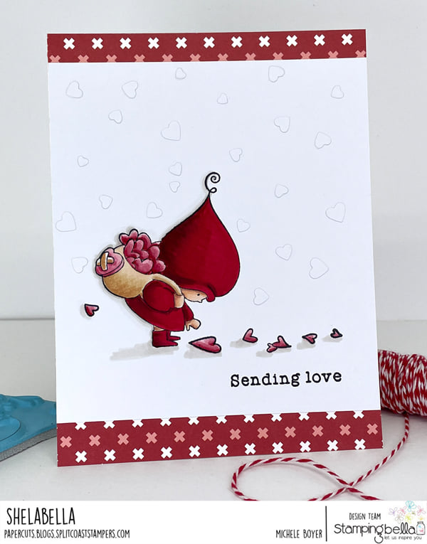  www.stampingbella.com: rubber stamp used: Bundle Girl with a heart trail. Card by Michele Boyer