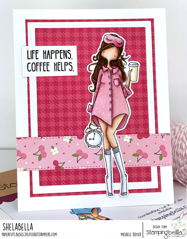 www.stampingbella.com: rubber stamp used: CURVY GIRL LOVES COFFEE card by Michele Boyer