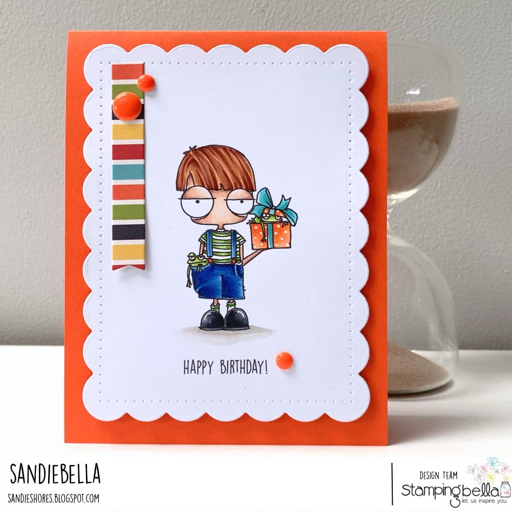 www.stampingbella.com: rubber stamp used: MINI ODDBALL AND HIS FROGS card by Sandie Dunne