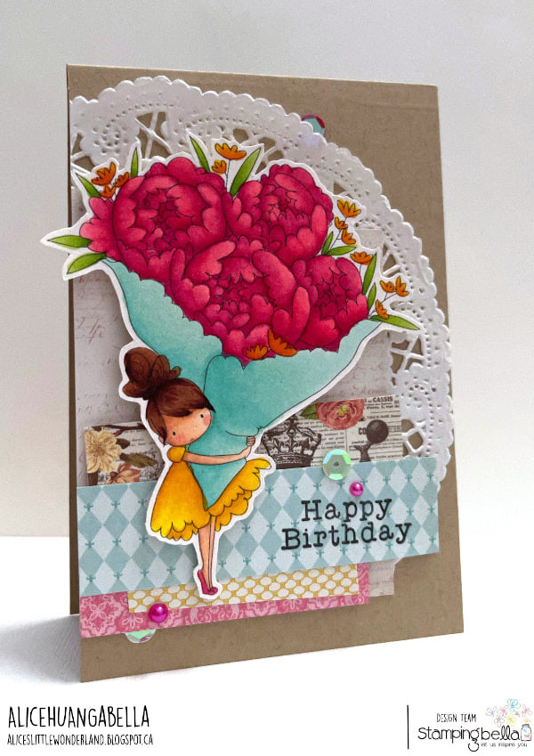 www.stampingbella.com: rubber stamp used: TEENY TINY TOWNIE WITH A BOUQUET card by Alice Huang