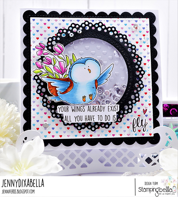 www.stampingbella.com: rubber stamp used: Birdie with a message card by Jenny Dix