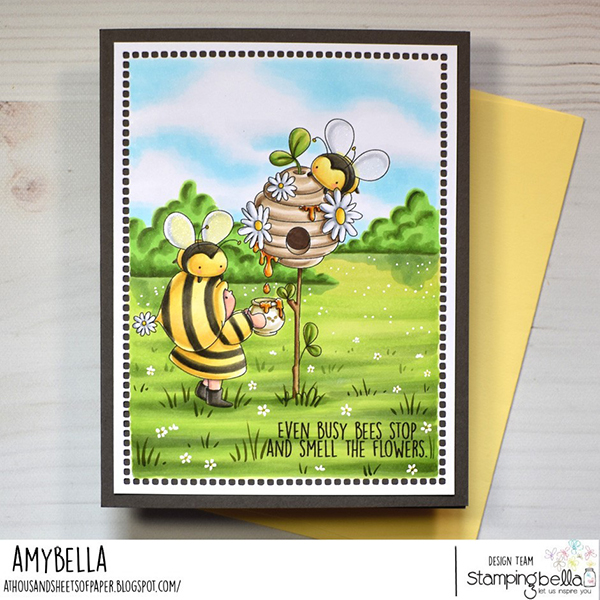 www.stampingbella.com: rubber stamp used: BUNDLE GIRL and the BEEHIVE card by Amy Young