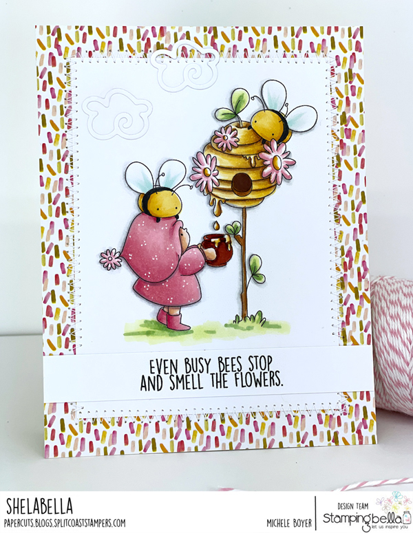 www.stampingbella.com: rubber stamp used: BUNDLE GIRL and the BEEHIVE card by Michele Boyer