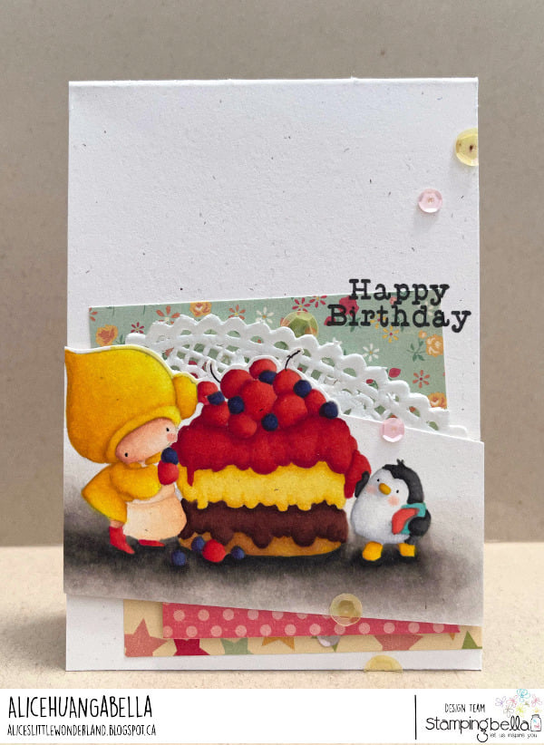 www.stampingbella.com: rubber stamp used: BUNDLE GIRL AND PENGUIN BAKE A CAKE card by Alice Huang