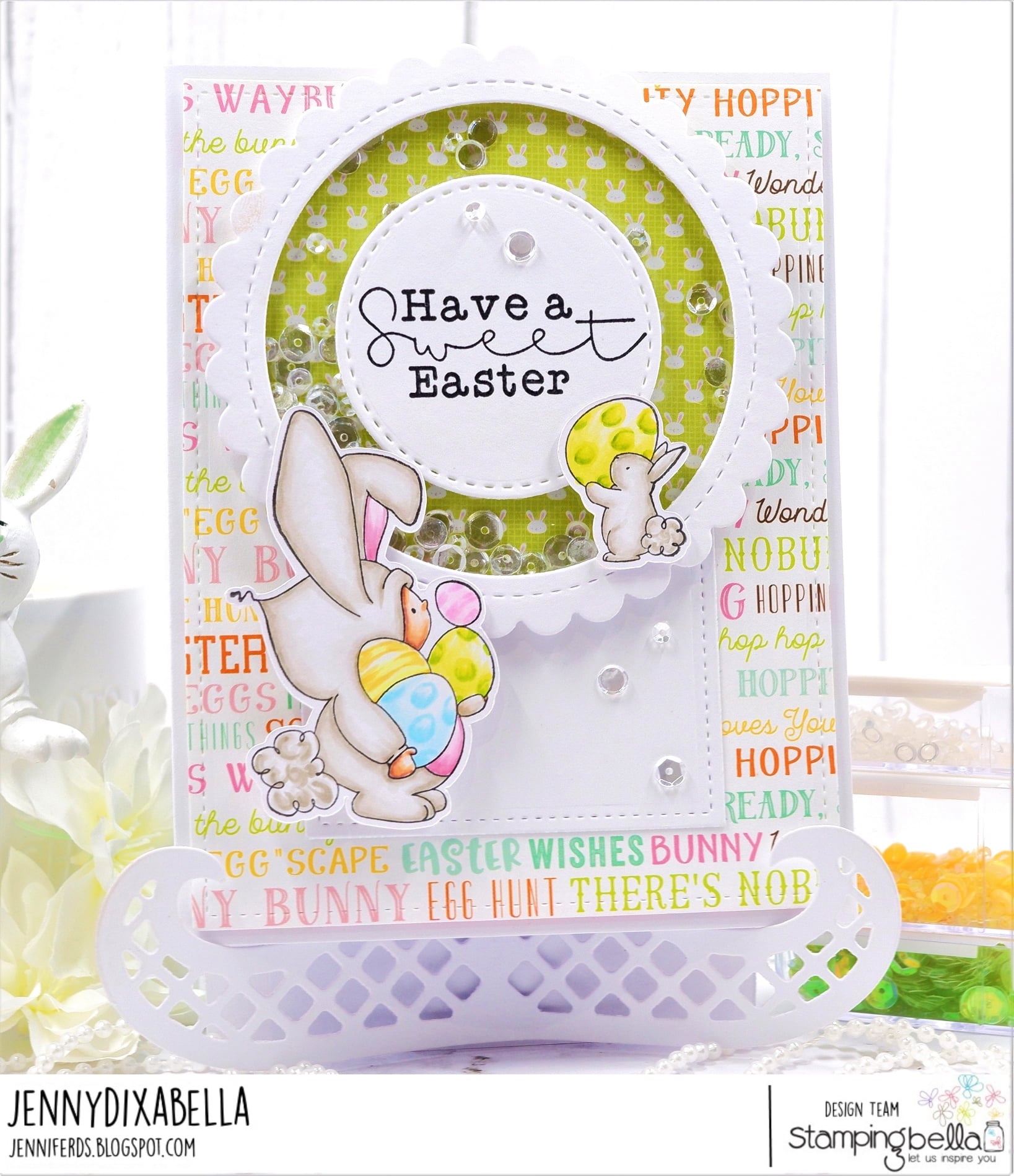 www.stampingbella.com: rubber stamp used : BUNDLE GIRL BUNNY card by Jenny Dix