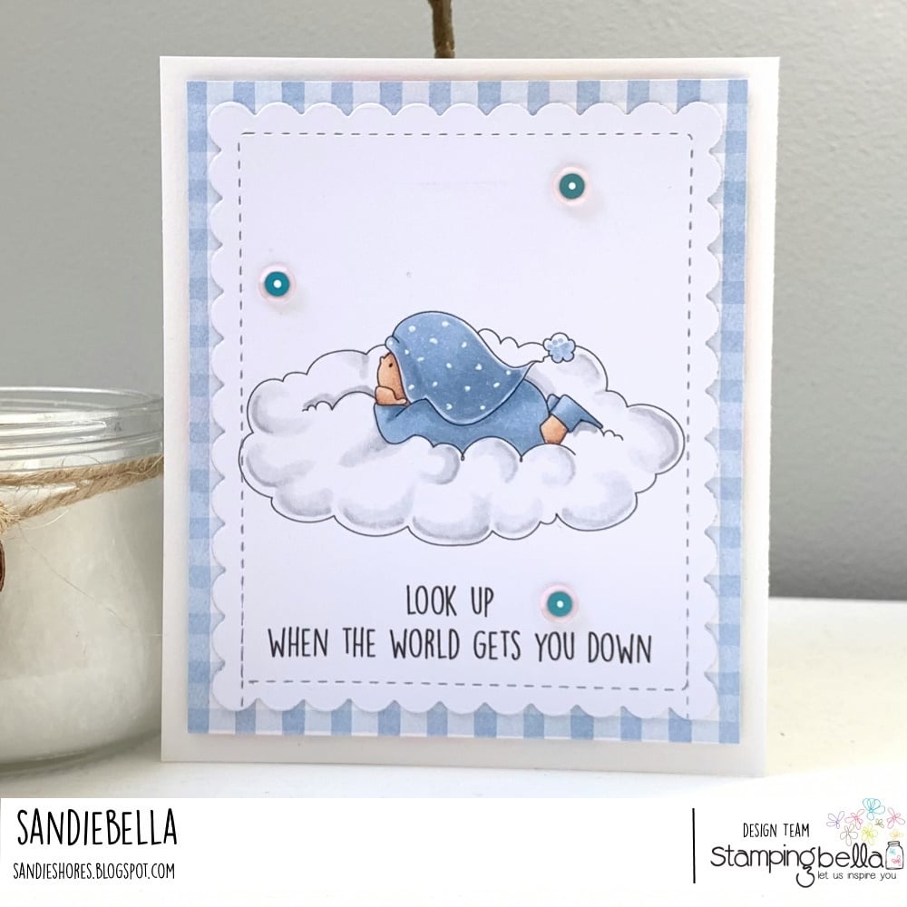 www.stampingbella.com: rubber stamp used BUNDLE GIRL IN THE SKY card by SANDIE DUNNE