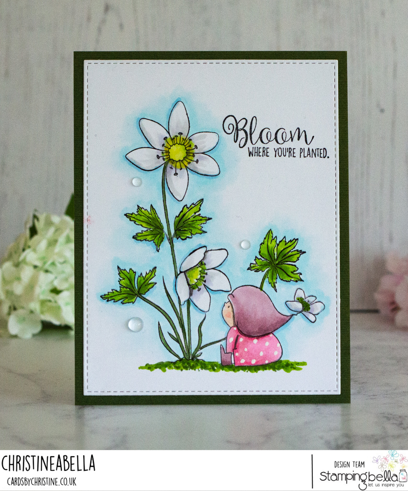 www.stampingbella.com: rubber stamp used: BUNDLE GIRL with a WOOD ANEMONE card by Christine Levison