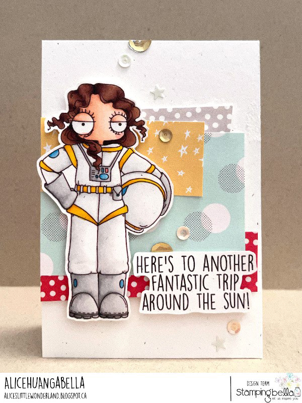 www.stampingbella.com Rubber stamp used:ODDBALL GIRL ASTRONAUT card by Alice Huang