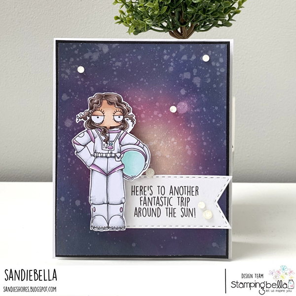 www.stampingbella.com Rubber stamp used:ODDBALL GIRL ASTRONAUT card by Sandie Dunne