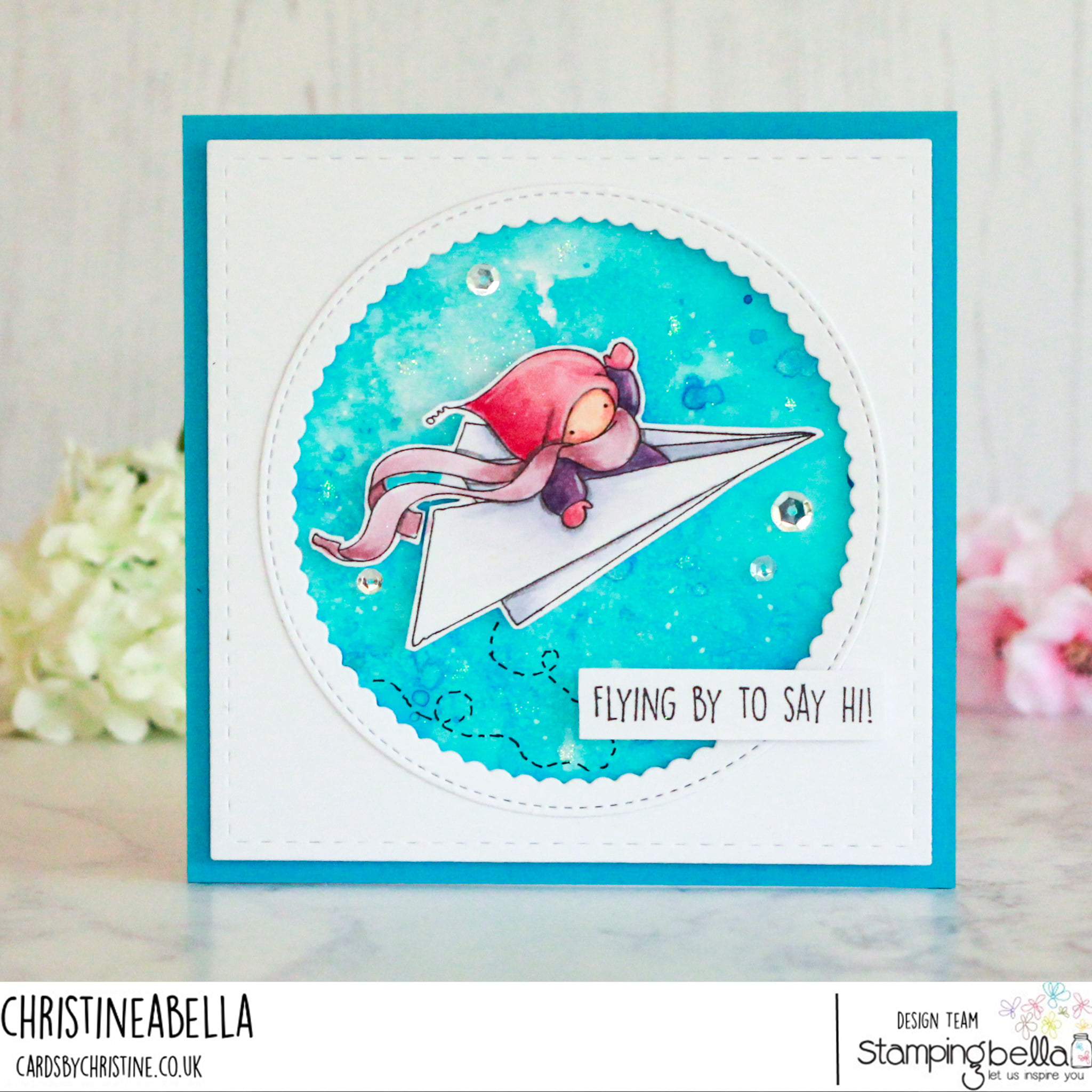 www.stampingbella.com: rubber stamp used BUNDLE GIRL ON A PLANE card by CHristine Levison