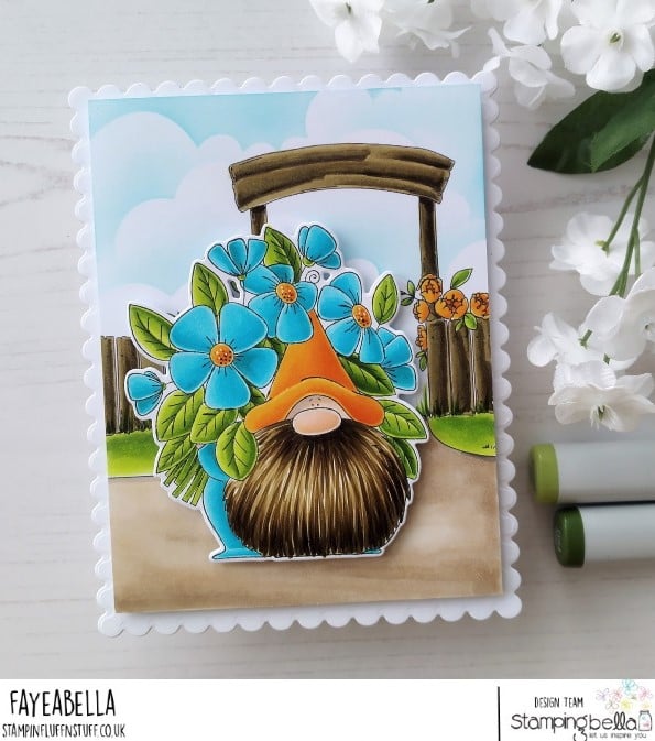 www.stampingbella.com: rubber stamp used:  GARDEN BACKDROP and FLOWERY GNOME card by FAYE WYNN JONES