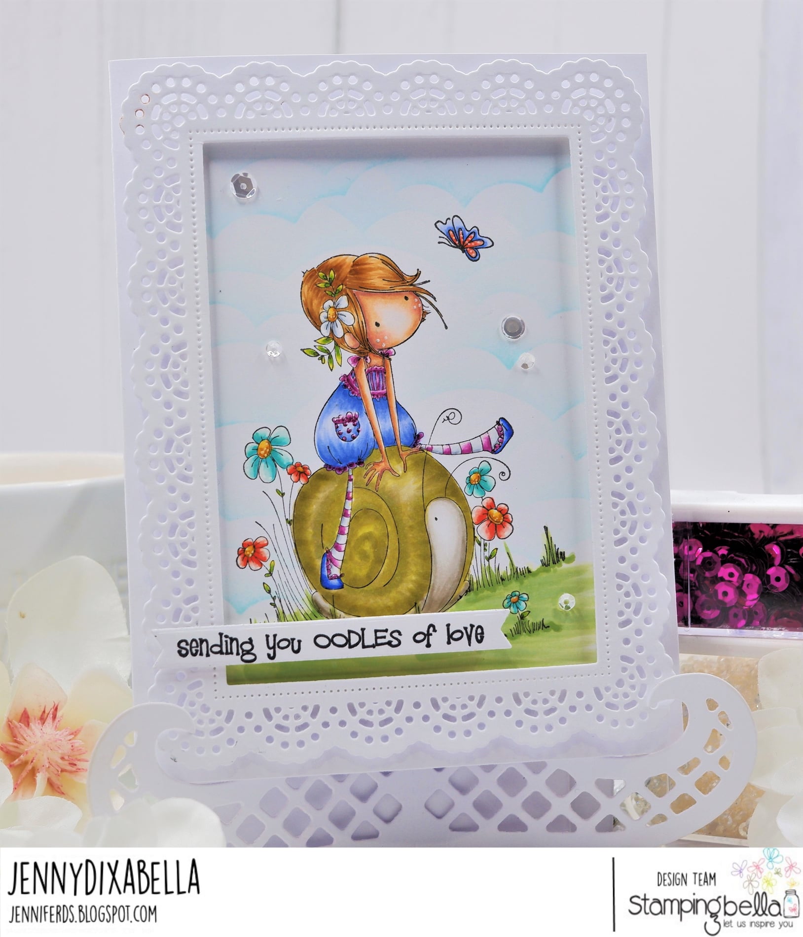 www.stampingbella.com: rubber stamp used:  TINY TOWNIE SALLY and her SNAIL card by Jenny DIx