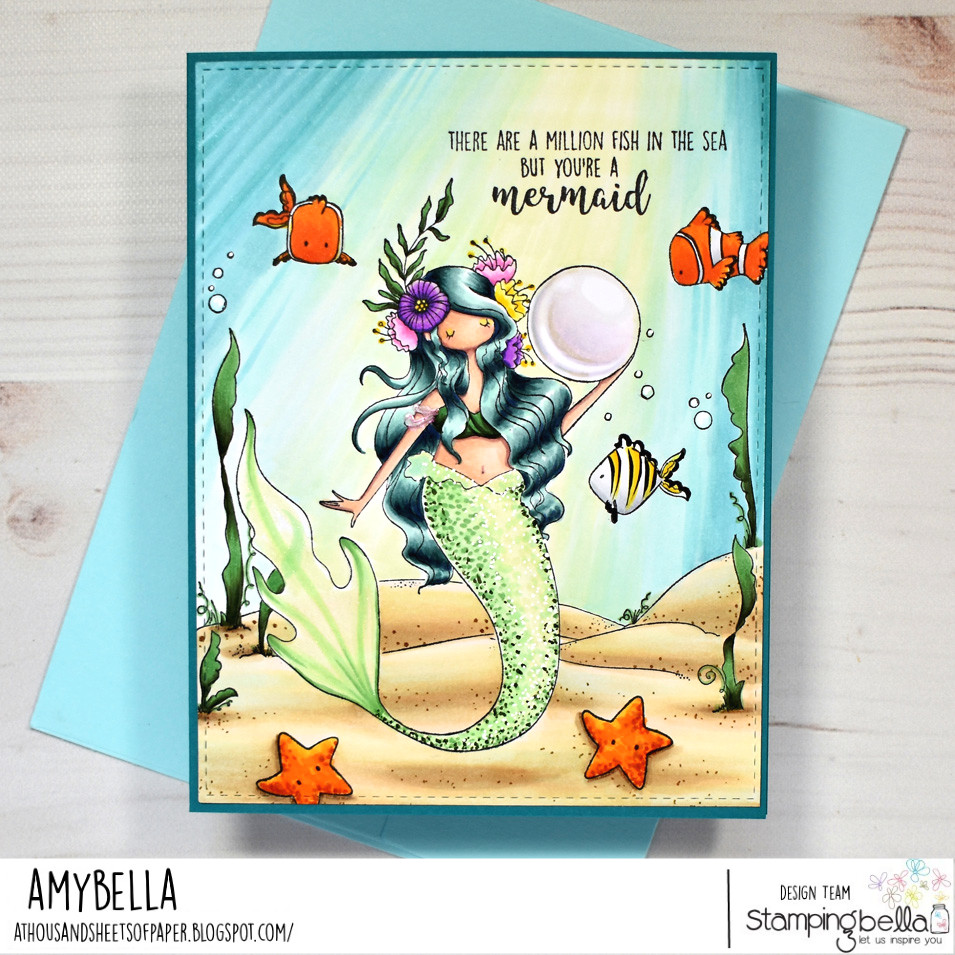www.stampingbella.com: rubber stamp used: CURVY GIRL MERMAID card by Amy Young