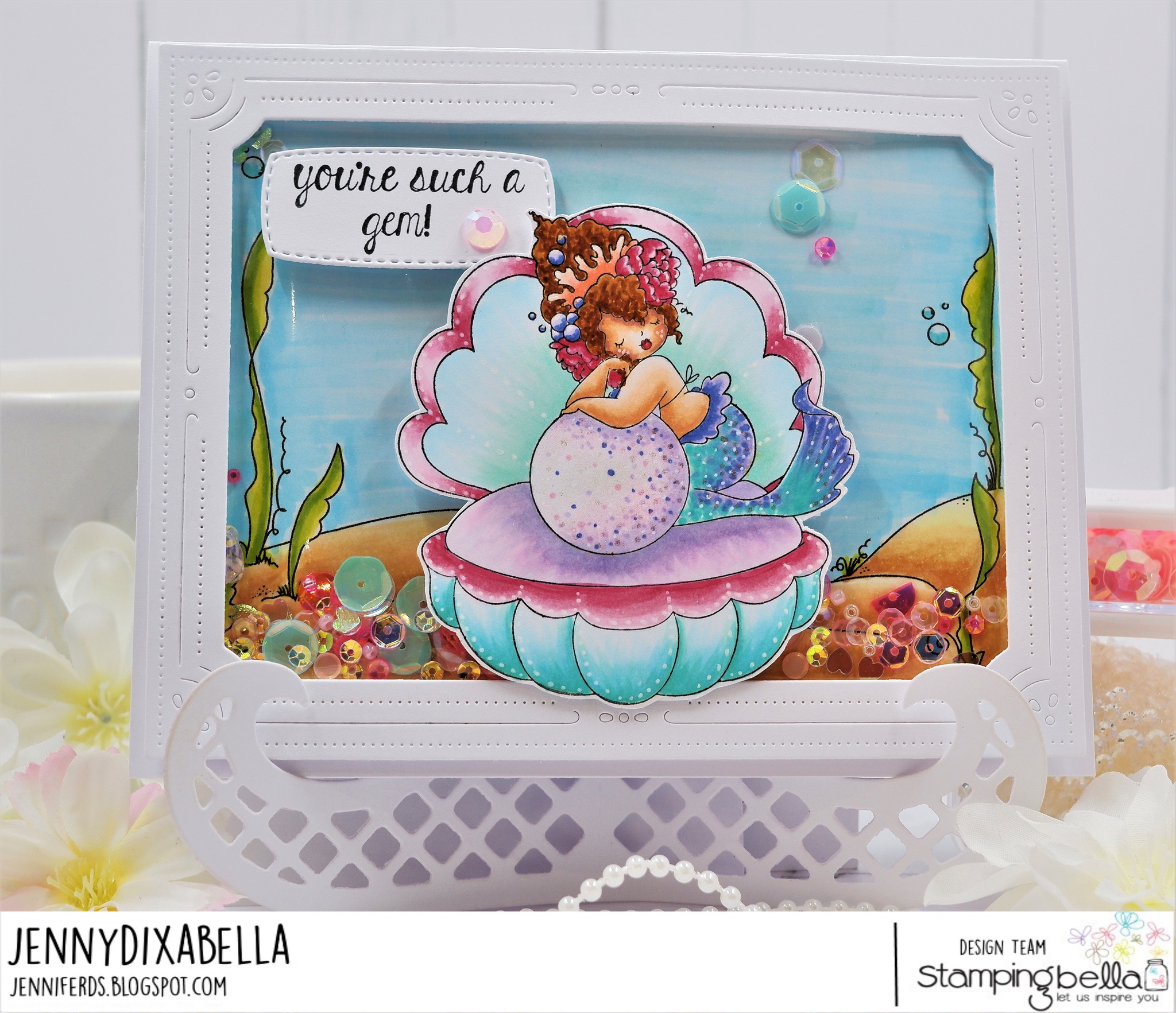 www.stampingbella.com: rubber stamp used: UNDER THE SEA BACKDROP and EDNA IN A CLAM card by Jenny Dix