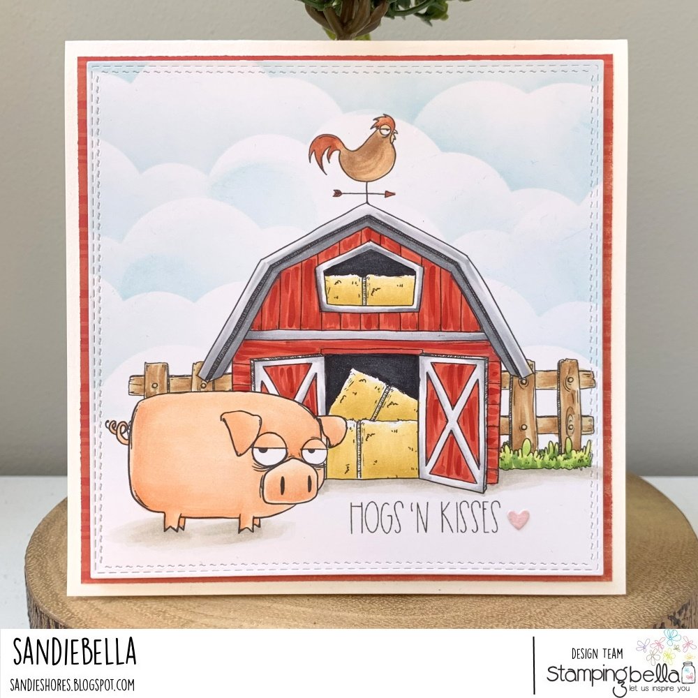 www.stampingbella.com:  rubber stamp used:  ODDBALL FARM ANIMALS and ODDBALL BARN, HAY AND FENCE.  Card by Sandie Dunne