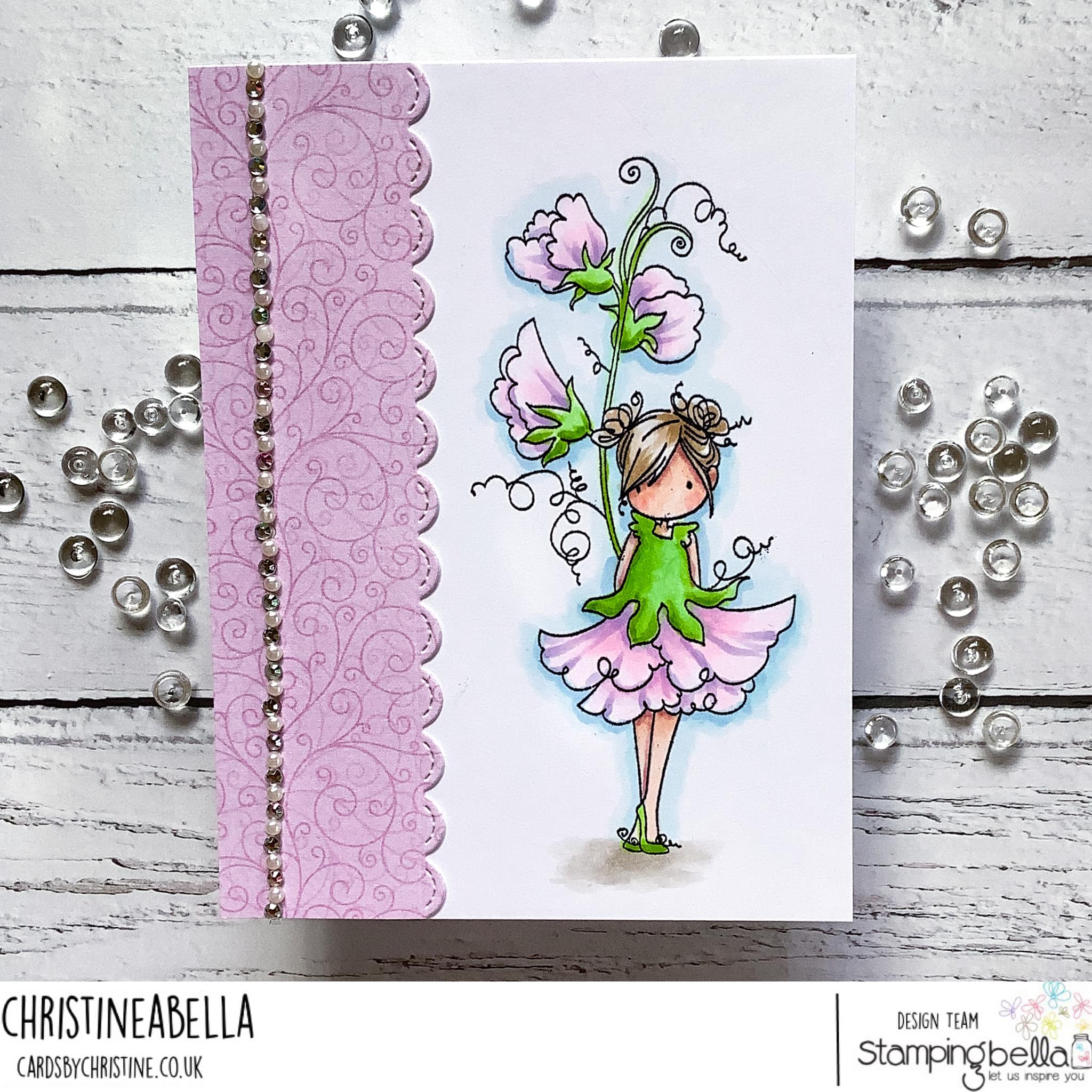www.stampingbella.com: rubber stamp used: TINY TOWNIE GARDEN GIRL SWEET PEA card by Christine LEvison
