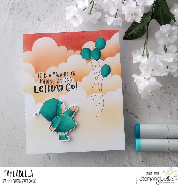 www.stampingbella.com: rubber stamp used: BUNDLE GIRL WITH BALLOONS card by Faye Wynn Jones