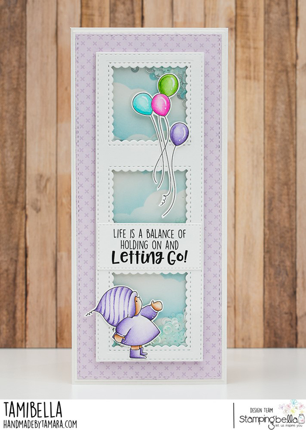 www.stampingbella.com: rubber stamp used: BUNDLE GIRL WITH BALLOONS card by Tami Potocznik