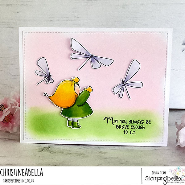 www.stampingbella.com: rubber stamp used: BUNDLE GIRL WITH DRAGONFLIES card by Christine Levison
