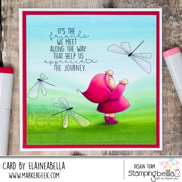 www.stampingbella.com: rubber stamp used: BUNDLE GIRL WITH DRAGONFLIES card by Elaine Hughes