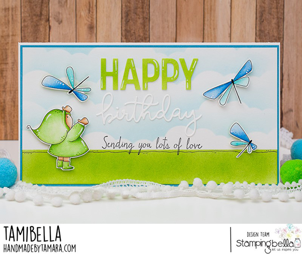 www.stampingbella.com: rubber stamp used: BUNDLE GIRL WITH DRAGONFLIES card by Tami Potocznik