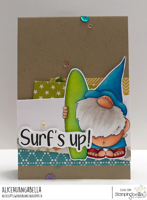 www.stampingbella.com: Rubber stamp used :GNOME WITH A SURFBOARD card by Alice Huang