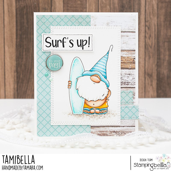 www.stampingbella.com: Rubber stamp used :GNOME WITH A SURFBOARD card by Tamara Potozcnik