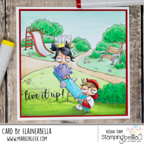 www.stampingbella.com: Rubber stamp used :MINI ODDBALLS ON A SEESAW and PARK BACKDROP card by Elaine Hughes