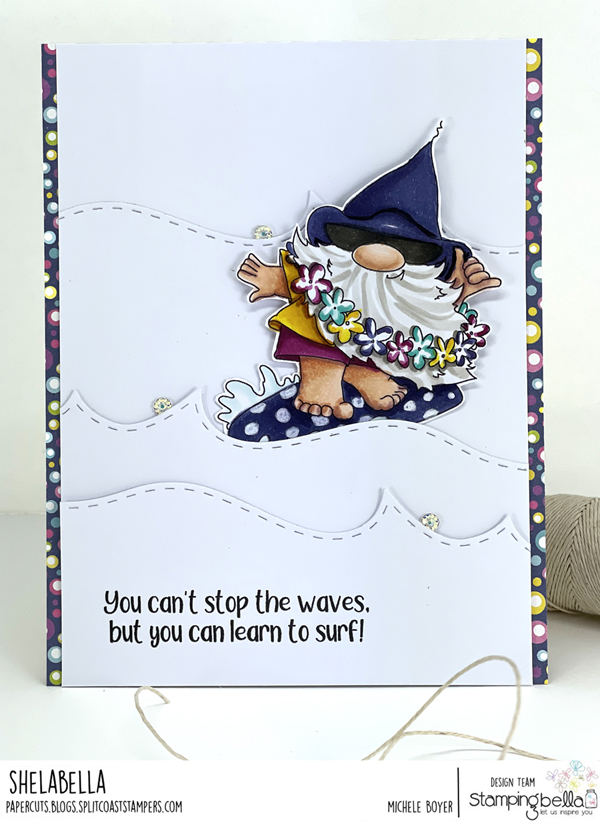 www.stampingbella.com: Rubber stamp used :GNOME RIDING THE WAVES card by Michele Boyer