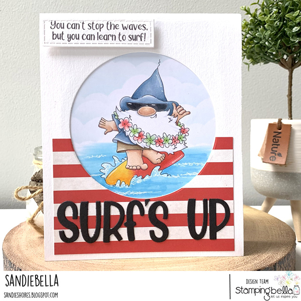 www.stampingbella.com: Rubber stamp used :GNOME RIDING THE WAVES card by Sandie Dunne