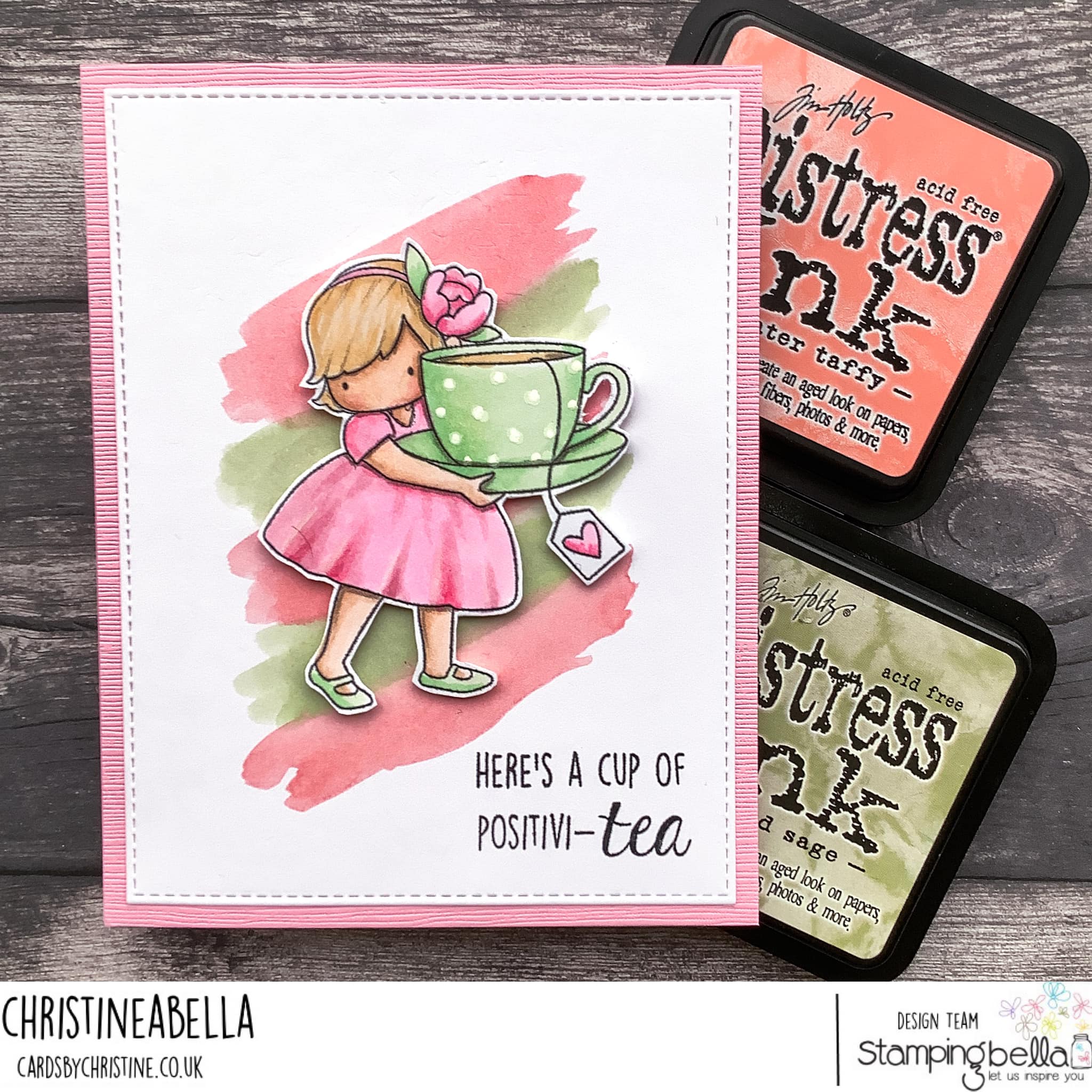 www.stampingbella.com: rubber stamp used: TINY TOWNIE LOVES TEA card by Christine Levison