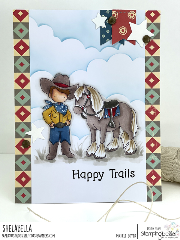 www.stampingbella.com: rubber stamp used: COWBOY SENTIMENT SET, Uptown Cowboy Kids , UPTOWN COWBOY PETS card by Michele Boyer