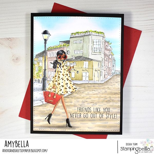 www.stampingbella.com: rubber stamp used: SKETCHY BACKDROP and UPTOWN GIRL FASHIONISTA card by Amy Young