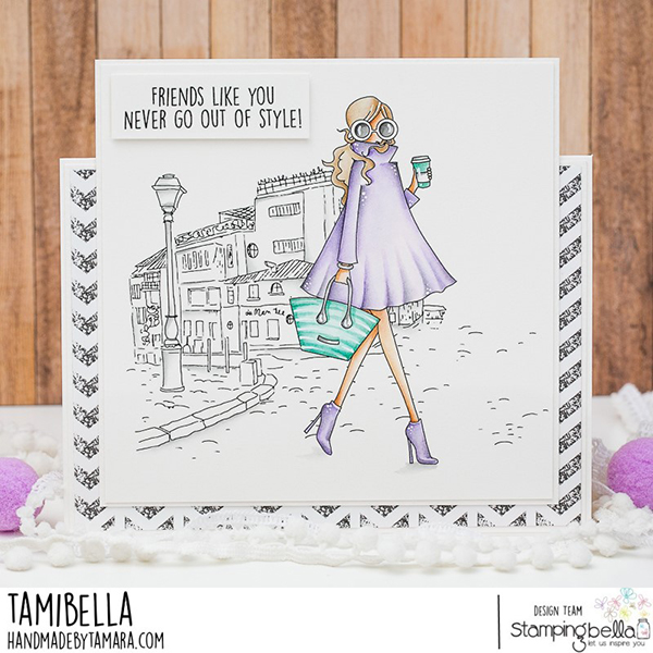 www.stampingbella.com: rubber stamp used: SKETCHY BACKDROP and UPTOWN GIRL FASHIONISTA card by Tamy Potocznik