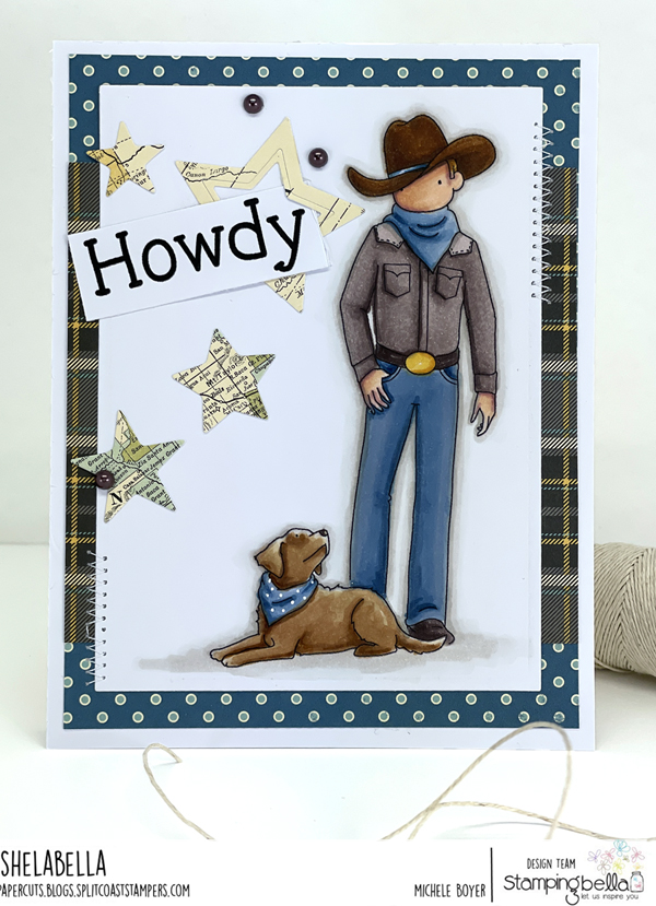 www.stampingbella.com: rubber stamp used:, COWBOY SENTIMENT SET, UPTOWN COWBOY PARENTS, UPTOWN COWBOY PETS card by Michele Boyer