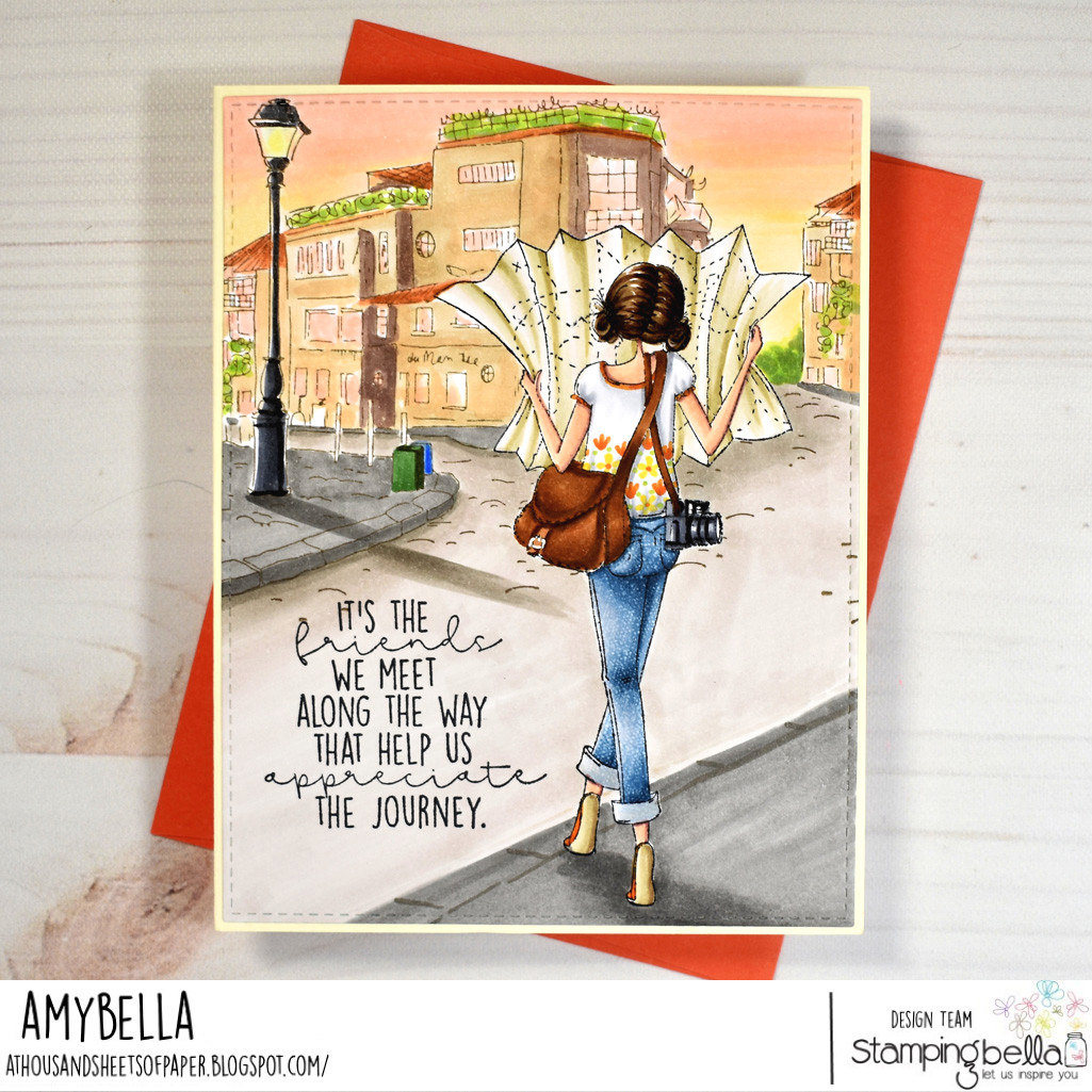 Www.Stampingbella.com :  rubberstamp used: uptown girl Melinda and sketchy backdrop.  Card by Amy Young