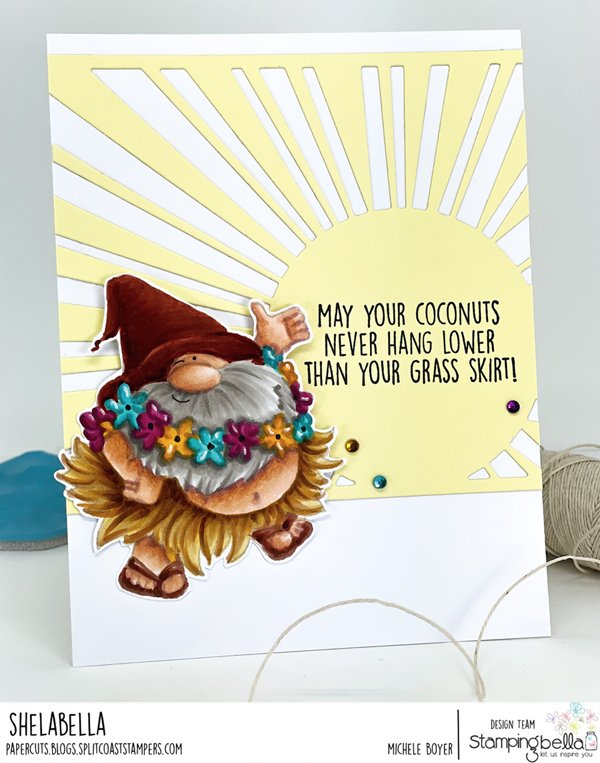 www.stampingbella.com: rubber stamp used HULA GNOME card by Michele Boyer