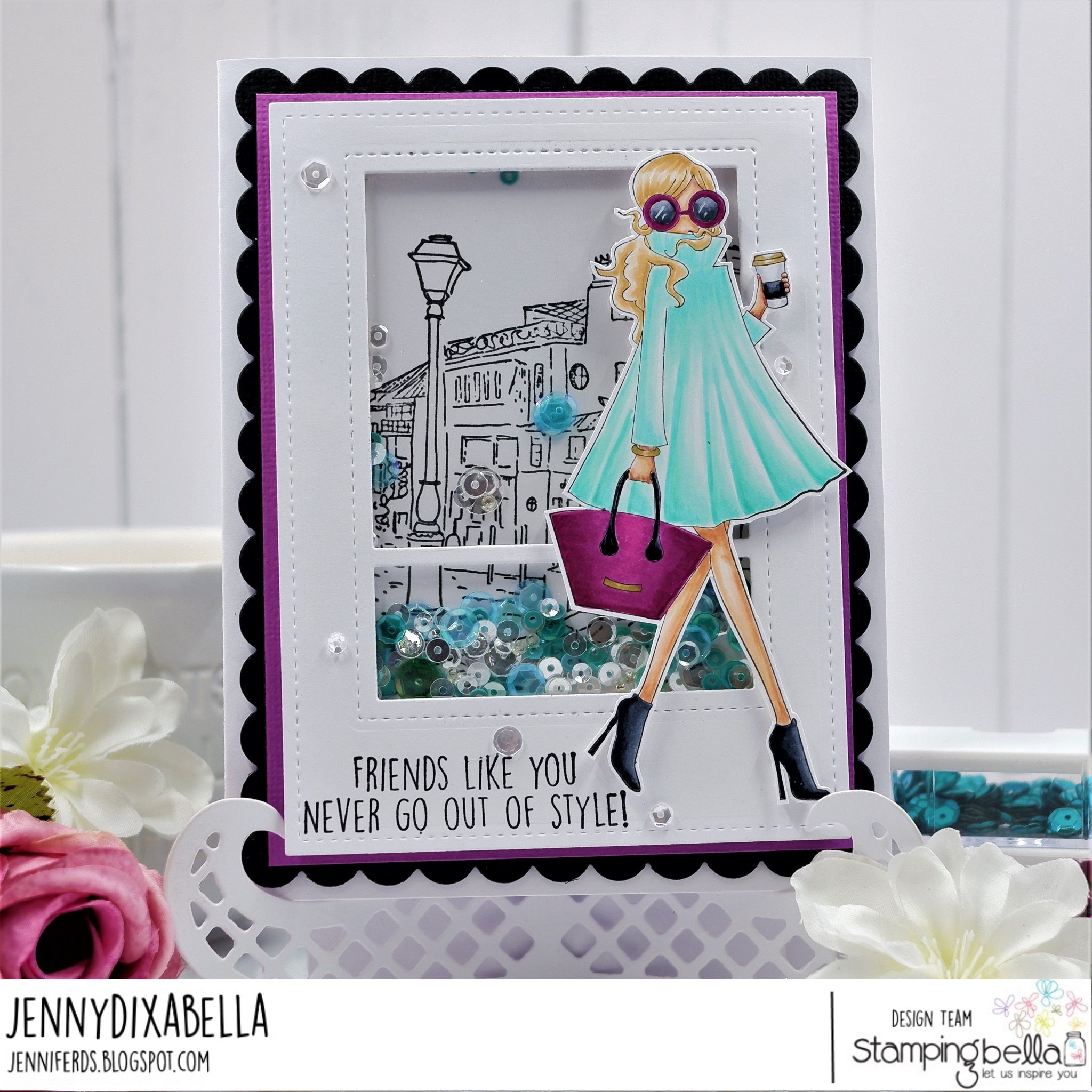 www.stampingbella.com: Rubber stamp used: Uptown girl FASHIONISTA, SKETCHY BACKDROP card by Jenny Dix