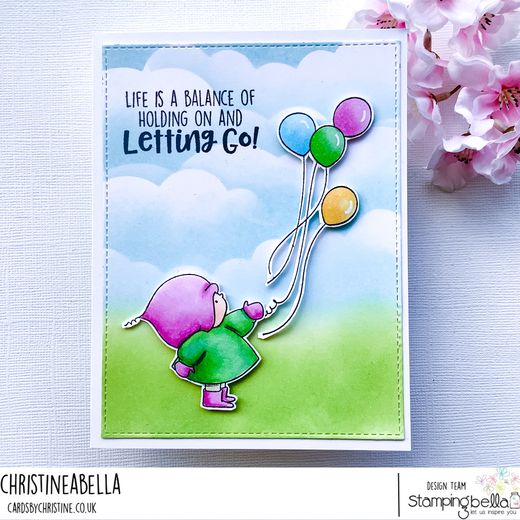 www.stampingbella.com: rubber stamp used CURVY GIRL WITH BALLOONS card by CHristine Levison