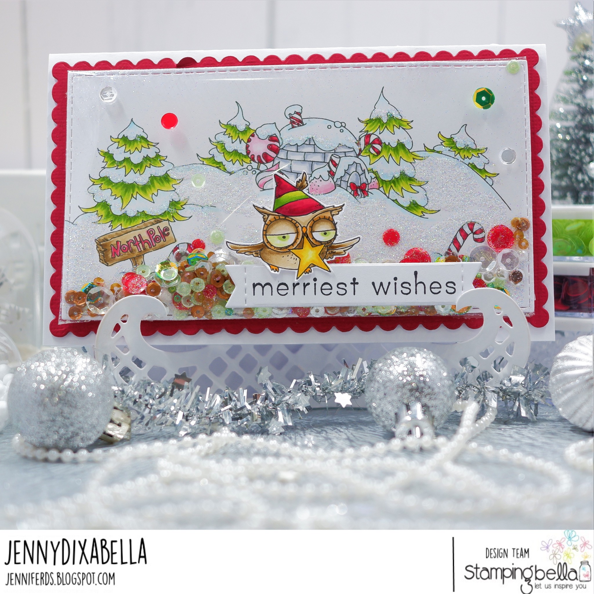 www.stampingbella.com: rubber stamp used NORTH POLE BACKDROP  and HOLIDAY OWL WITH A STAR card by JENNY DIX