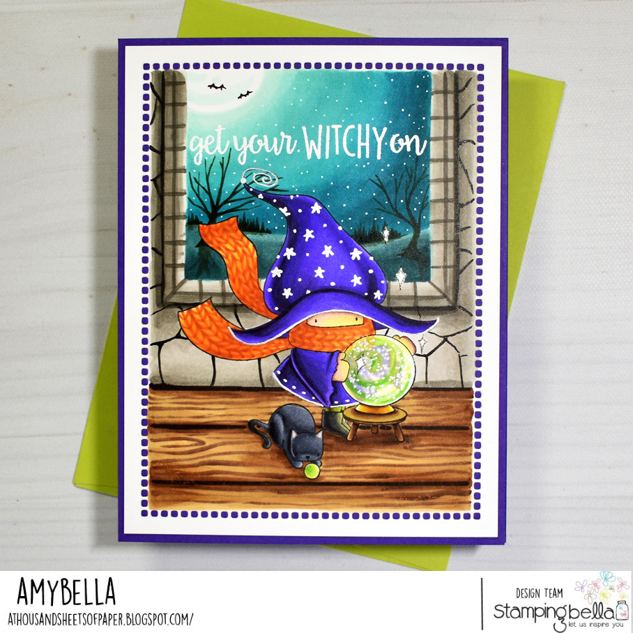 Www.Stampingbella.com rubber stamp used : crystal ball bundle girl  card by Amy Young 