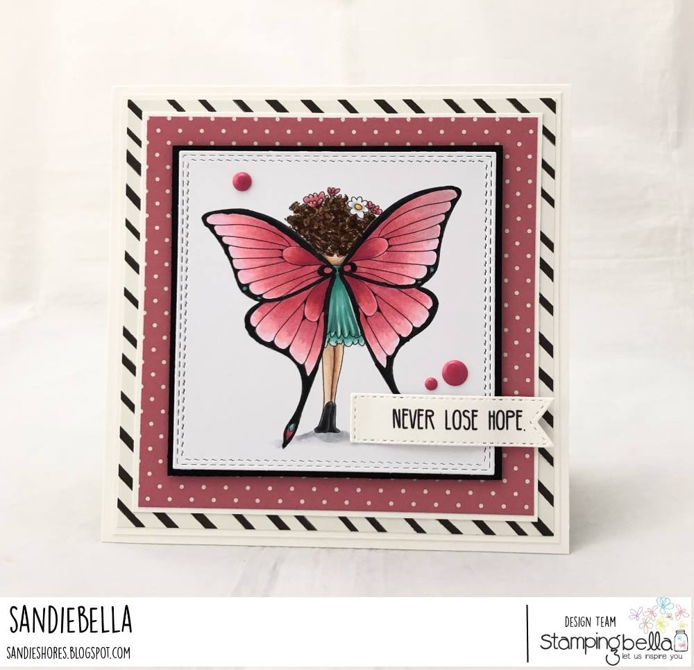 www.stampingbella.com: rubber stamp used: TINY TOWNIE BUTTERFLY GIRL BABETTE.  card by Sandie Dunne