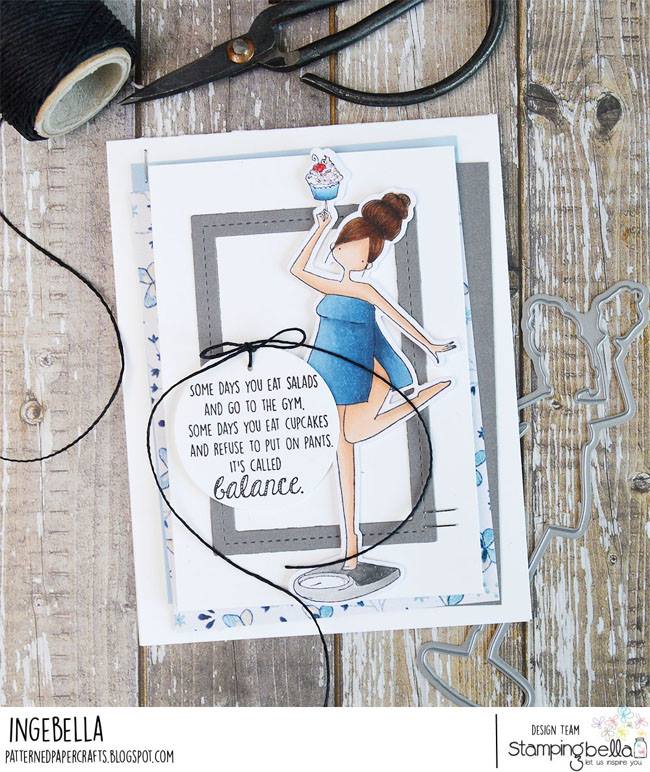 www.stampingbella.com: rubber stamp used CURVY GIRL WITH GOOD BALANCE.  Card made by INGE GROOT