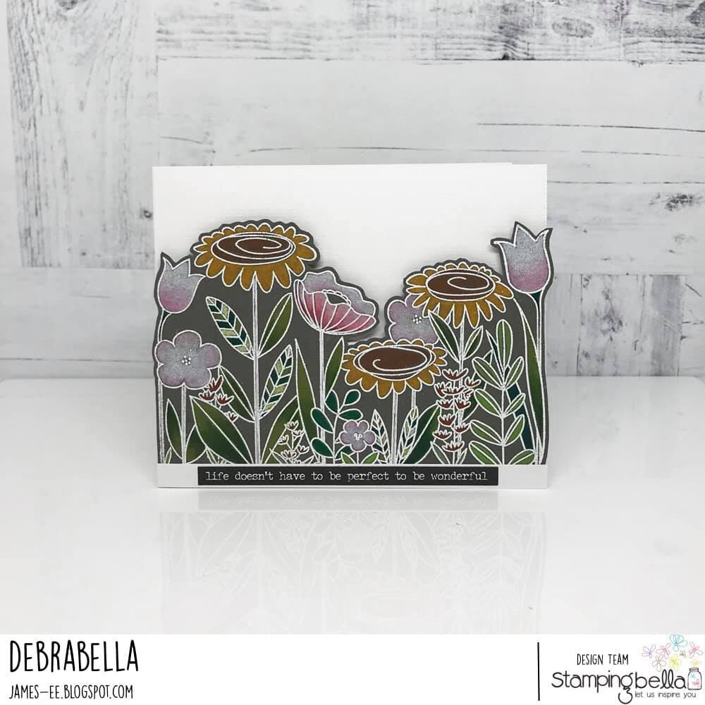 www.stampingbella.com: rubber stamp used: FLORAL FOREST BACKDROP.  card by DEBRA JAMES