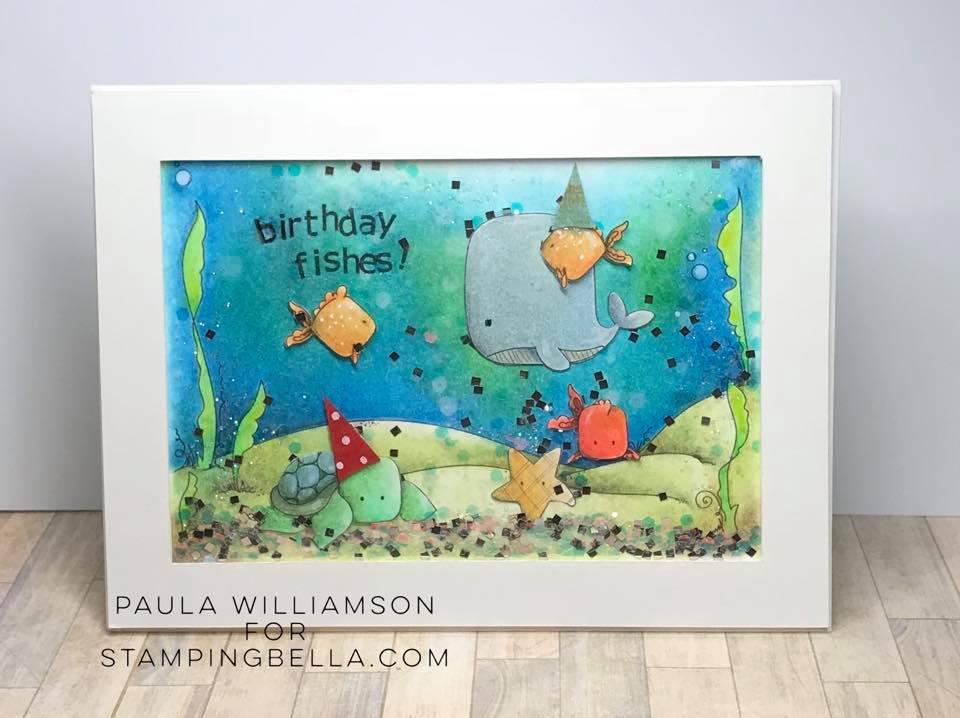 www.stampingbella.com: rubber stamp used: UNDER THE SEA CREATURES BACKDROP, UNDER THE SEA CREATURES. card by PAULA WILLIAMSON