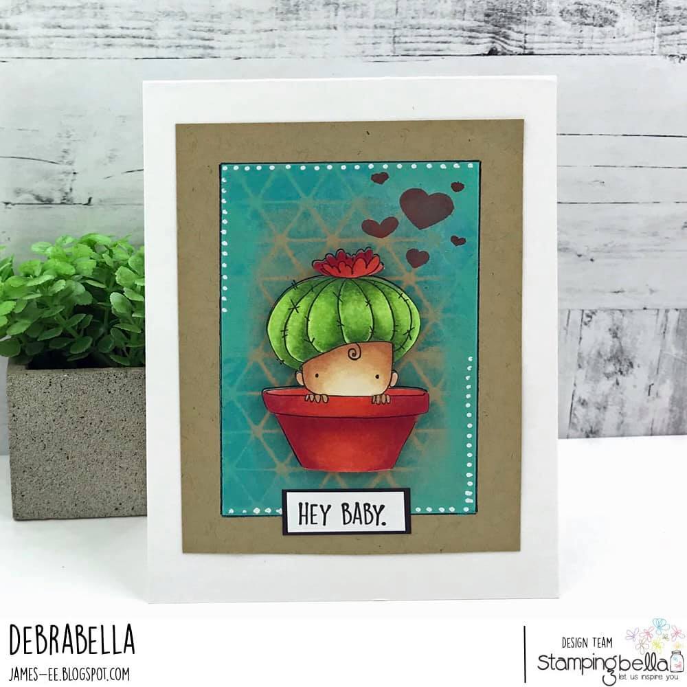 www.stampingbella.com: rubber stamp used :  cactus baby.  canrd by DEBRA JAMES