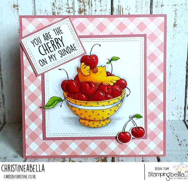 www.stampingbella.com: rubber stamp used : CHERRY CHICK.  Card made by  Christine Levison