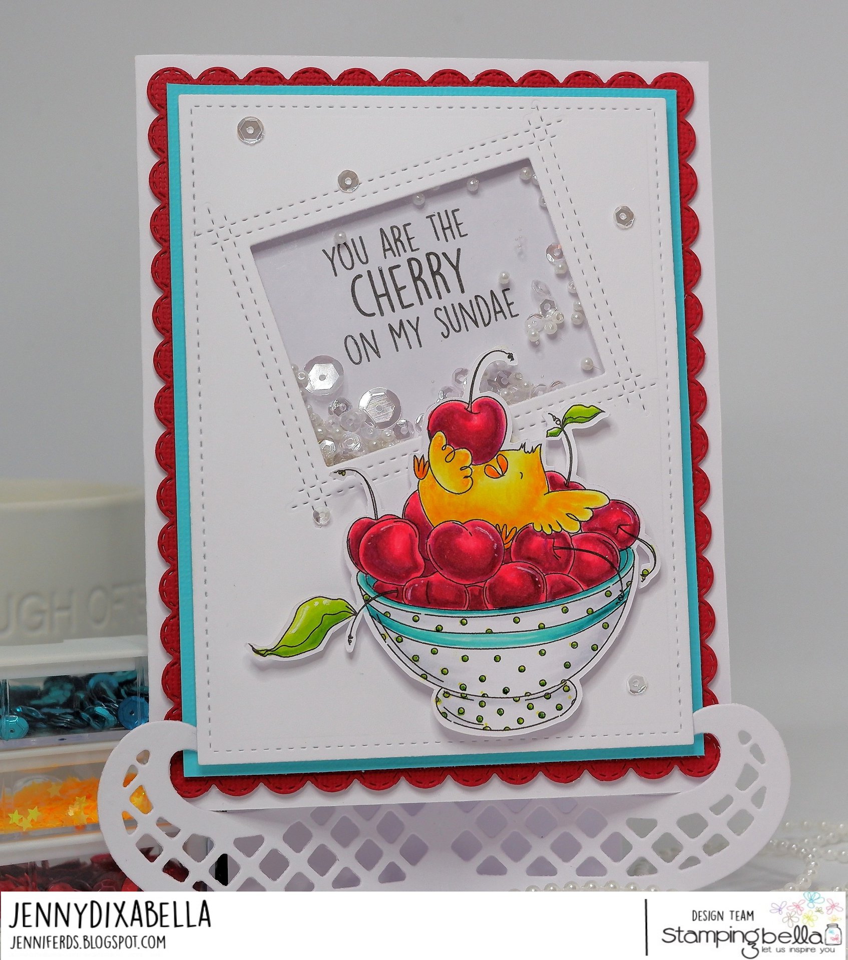 www.stampingbella.com: rubber stamp used : CHERRY CHICK.  Card made by  Jenny Dix