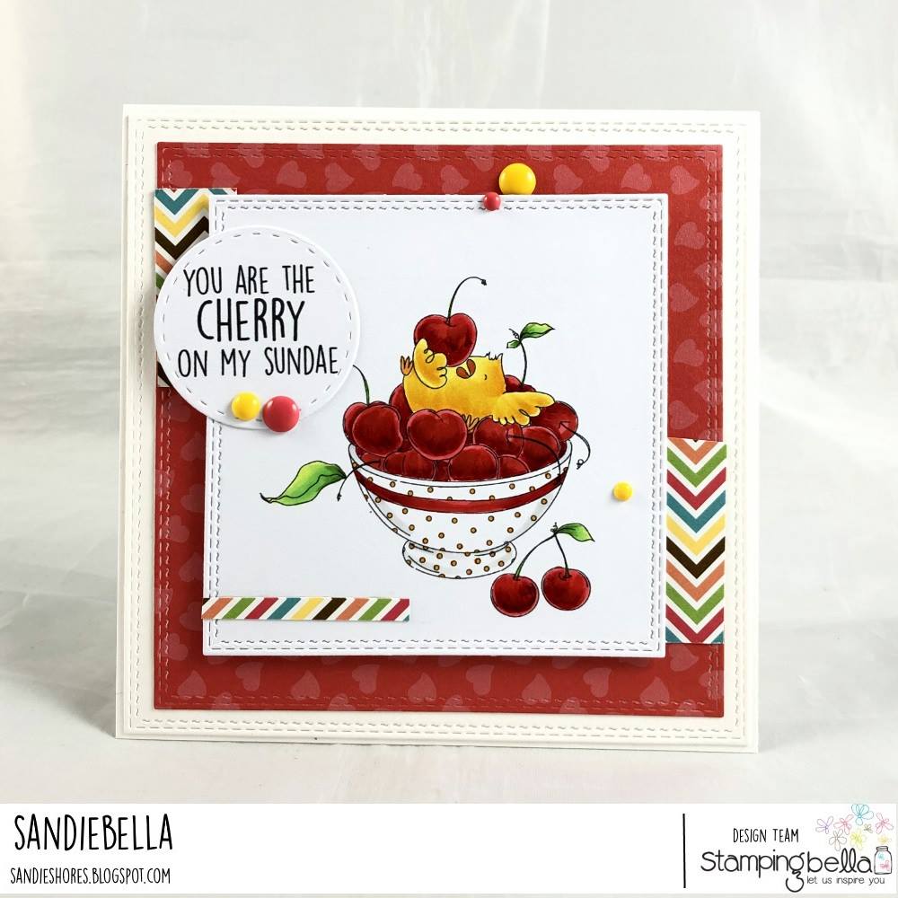 www.stampingbella.com: rubber stamp used : CHERRY CHICK.  Card made by Sandie Dunne