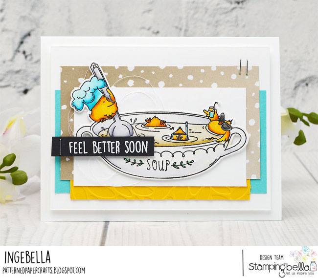 www.stampingbella.com: rubber stamp used CHICK-EN soup.  Card by  Inge Groot